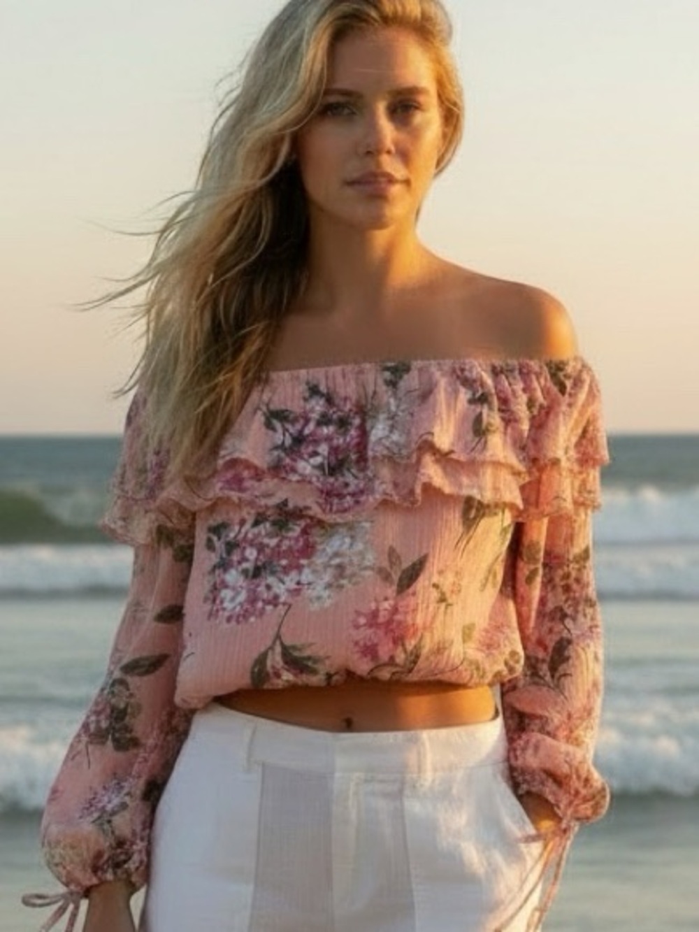 Abercrombie & Fitch Pink Floral Off-Shoulder Ruffle Crop Top Size XS-S